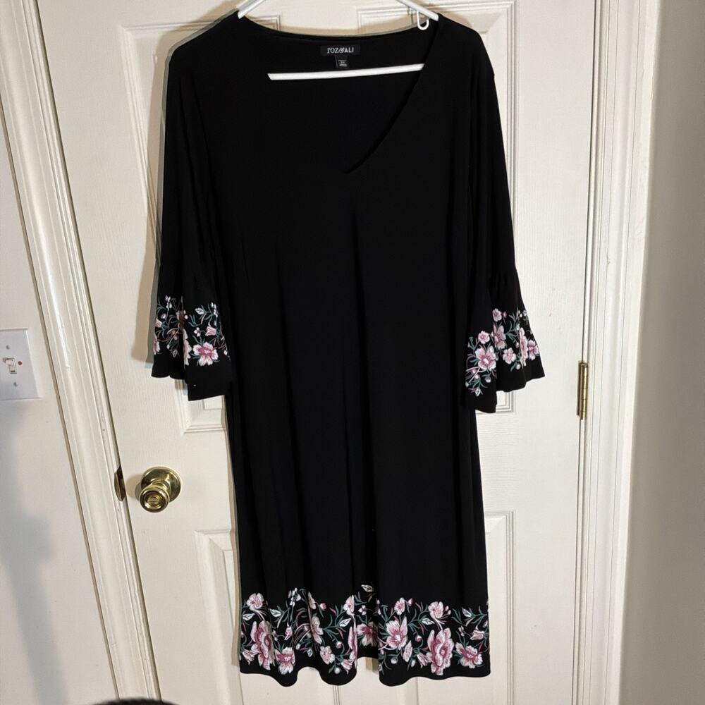 Roz & Ali Black Floral Embroidered Knit Shift Dress Bell Sleeve V-Neck 2X
